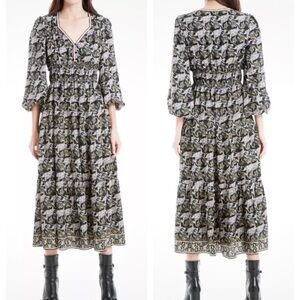 Max Studio Floral Geometric Bell Sleeves Shirred Waist Tiered Midi Dress size M